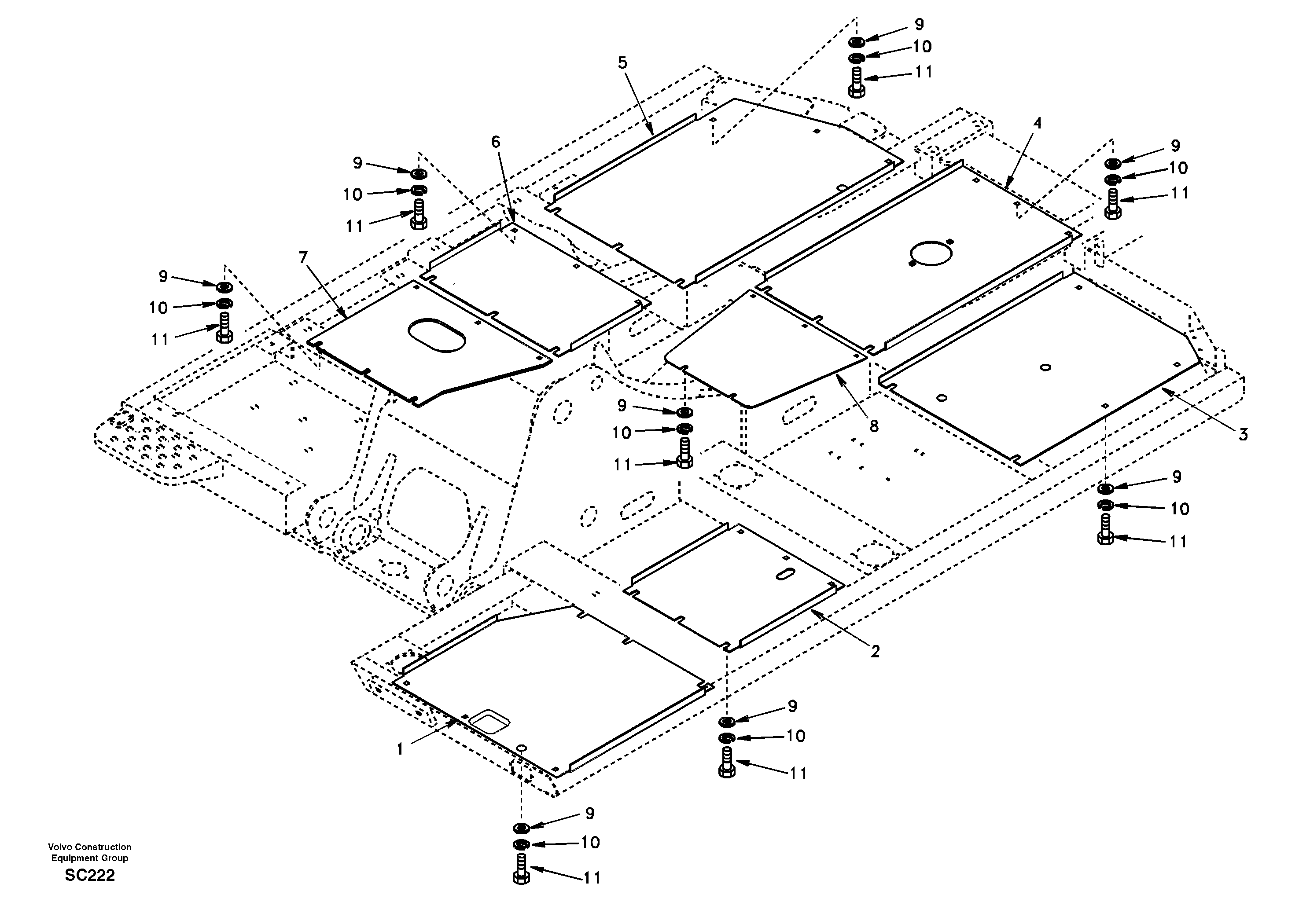 Hatches under engine, hydr.pumps, cooler, m.valve and fuel tank. — volvo parts diagram