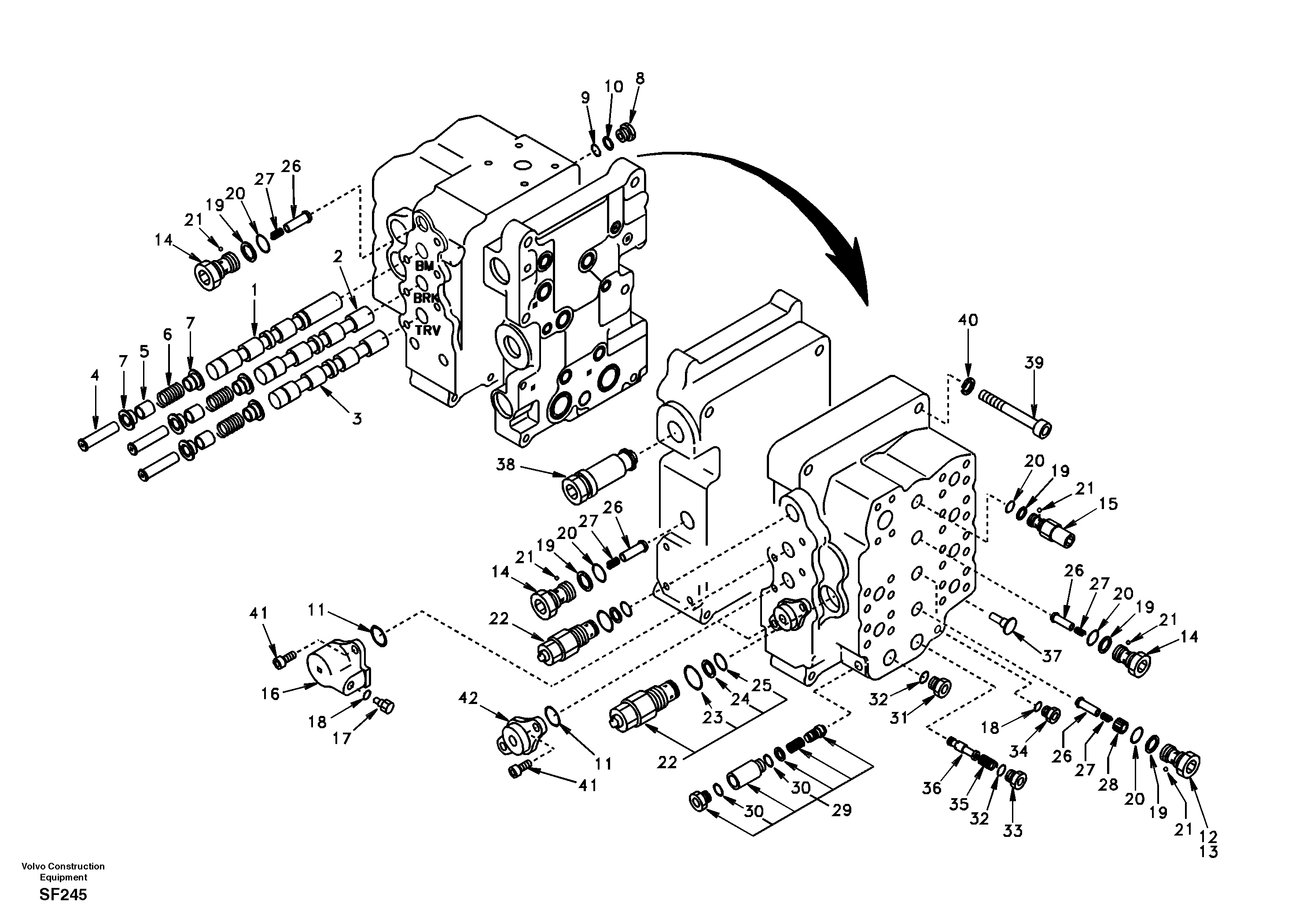 Main control valve, boom and bucket and travel Rh — volvo parts diagram