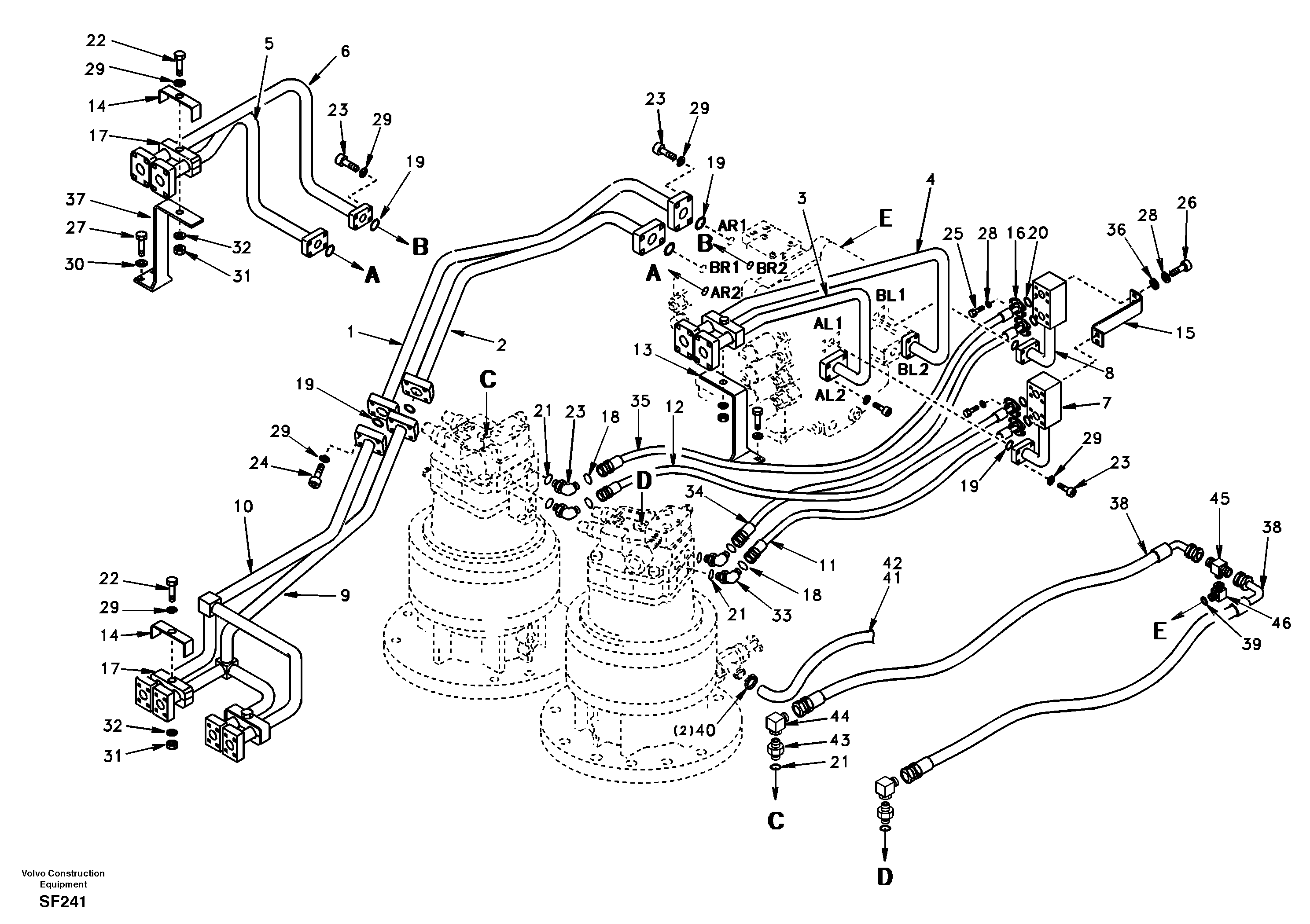 Hydraulic system, control valve to boom and swing — volvo parts diagram