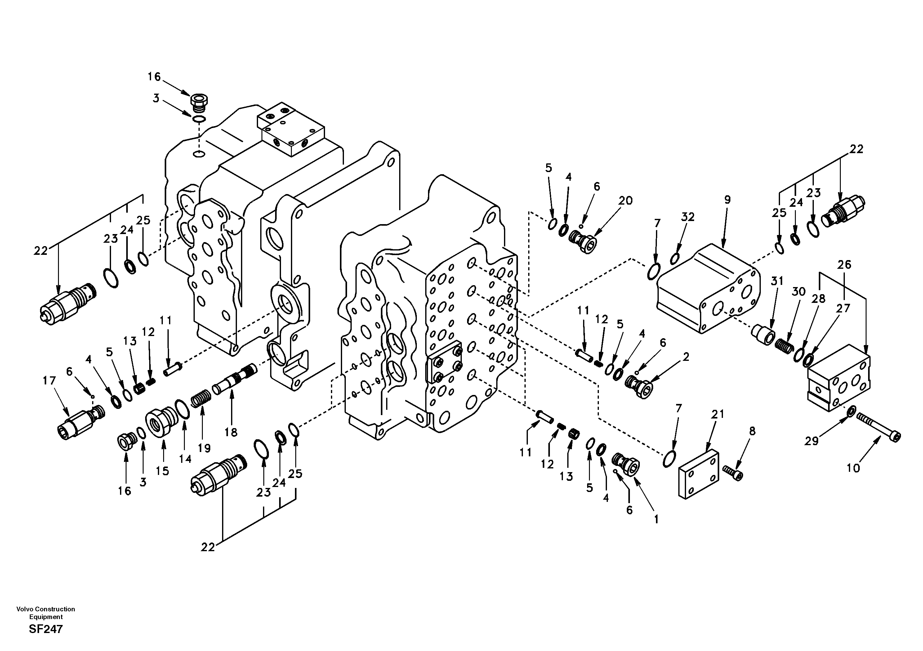 Main control valve, relief valve and dipper arm holding — volvo parts diagram