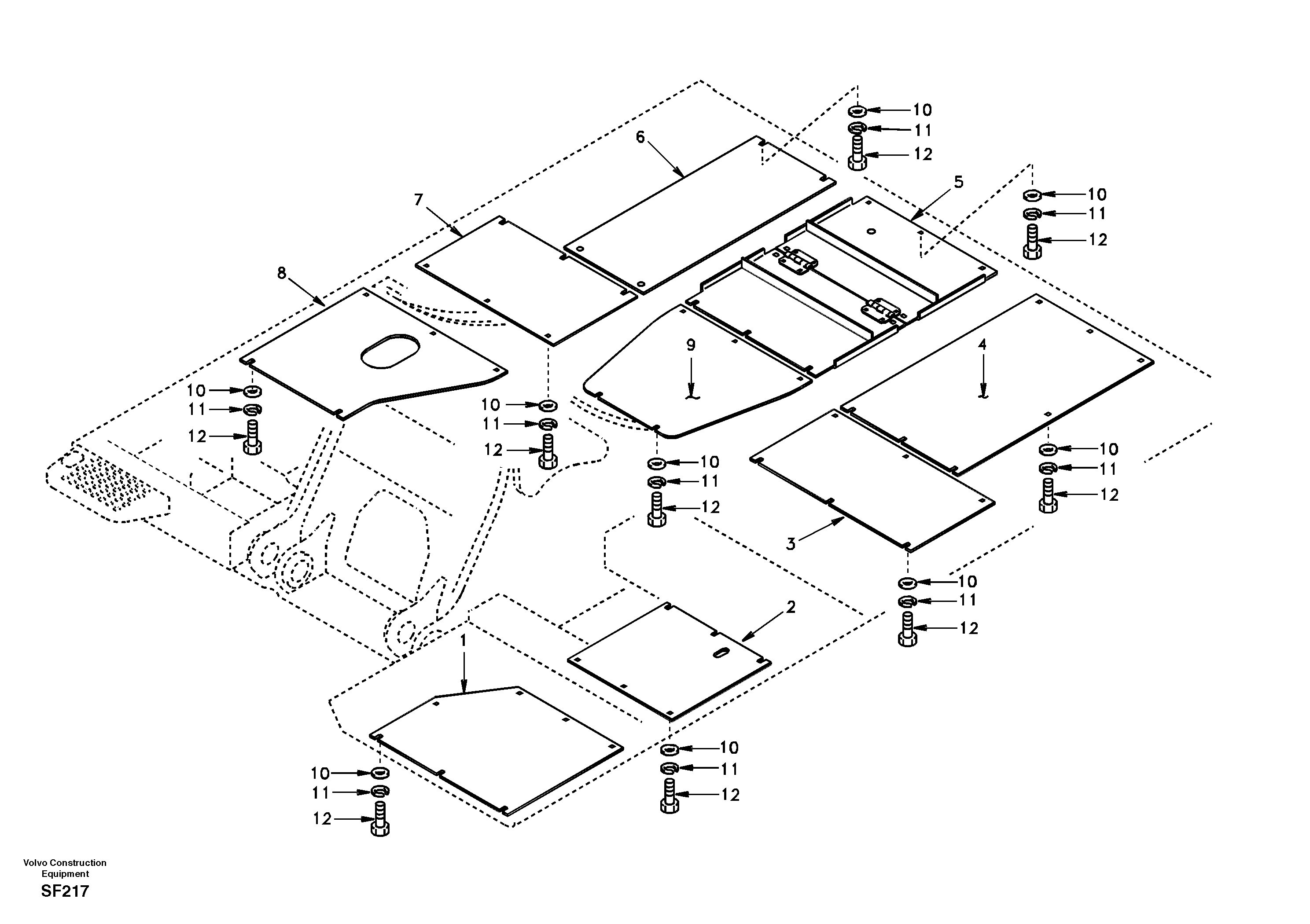 Hatches under engine, hydr.pumps, cooler, m.valve and fuel tank. — volvo parts diagram