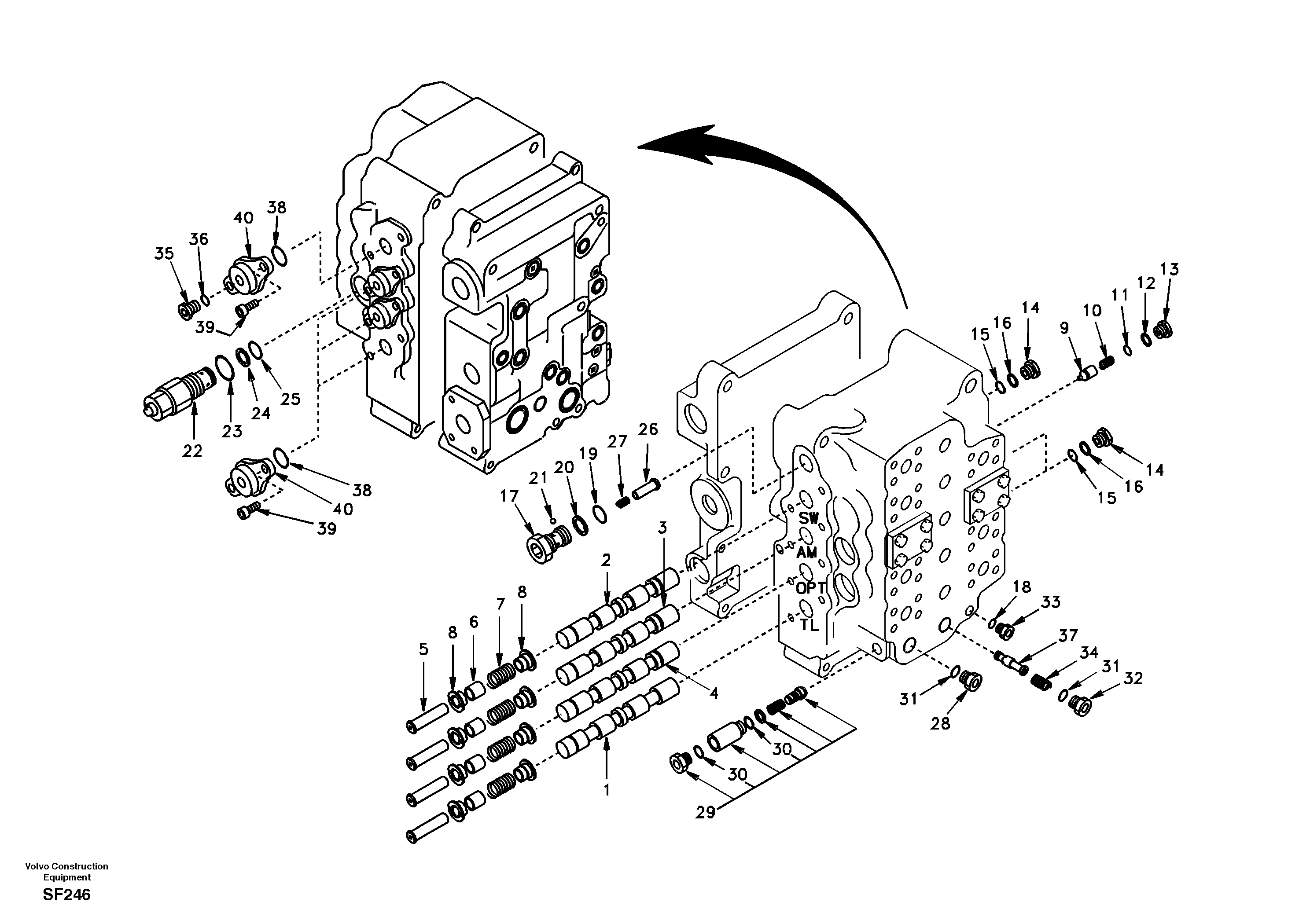 Main control valve, swing and option and dipper arm and travel Lh — volvo parts diagram
