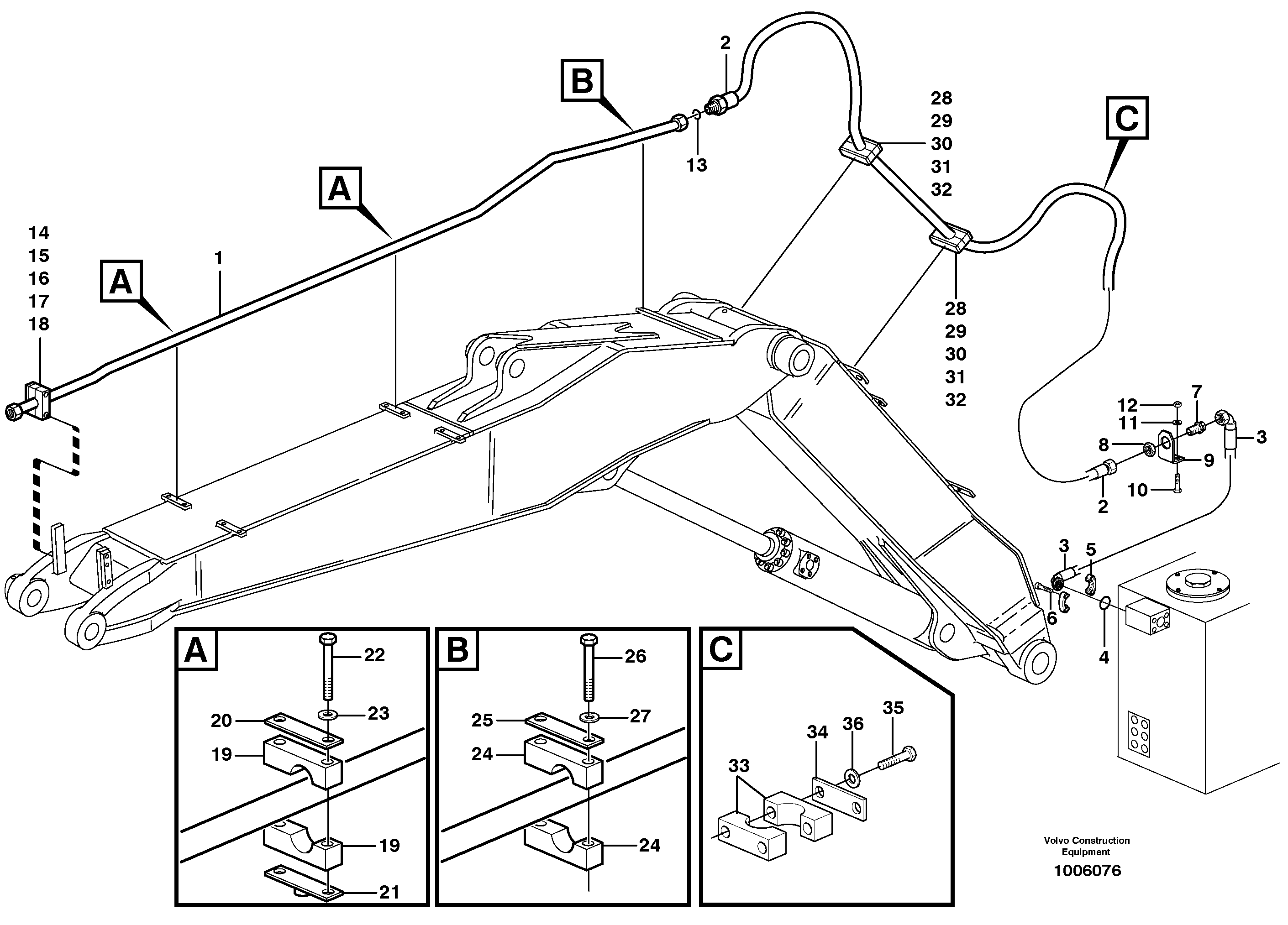Hammer hydraulics on adjustable boom, return line  14312098 — volvo parts diagram