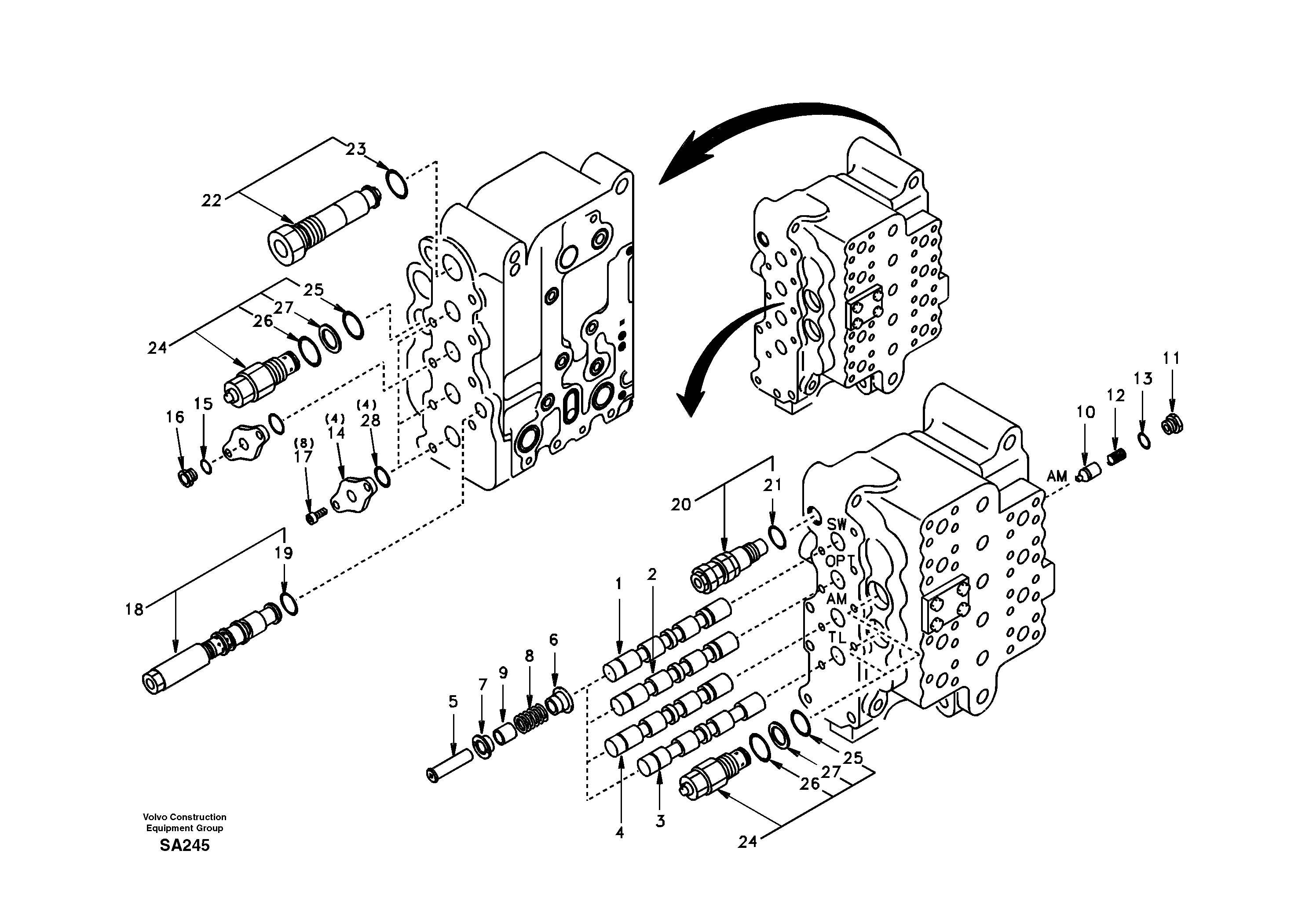 Main control valve, swing and option and dipper arm and travel Lh — volvo parts diagram