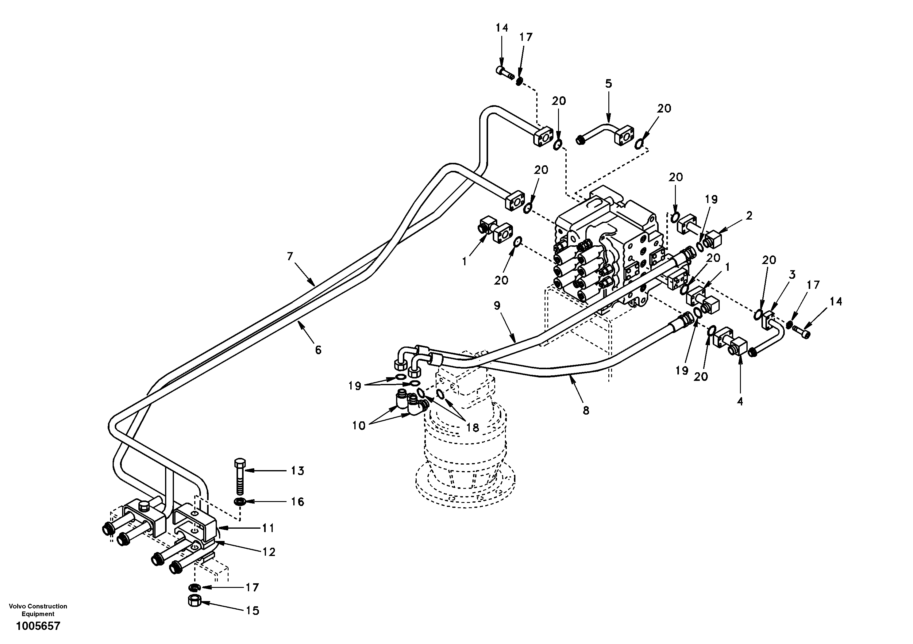 Hydraulic system, control valve to boom and swing — volvo parts diagram