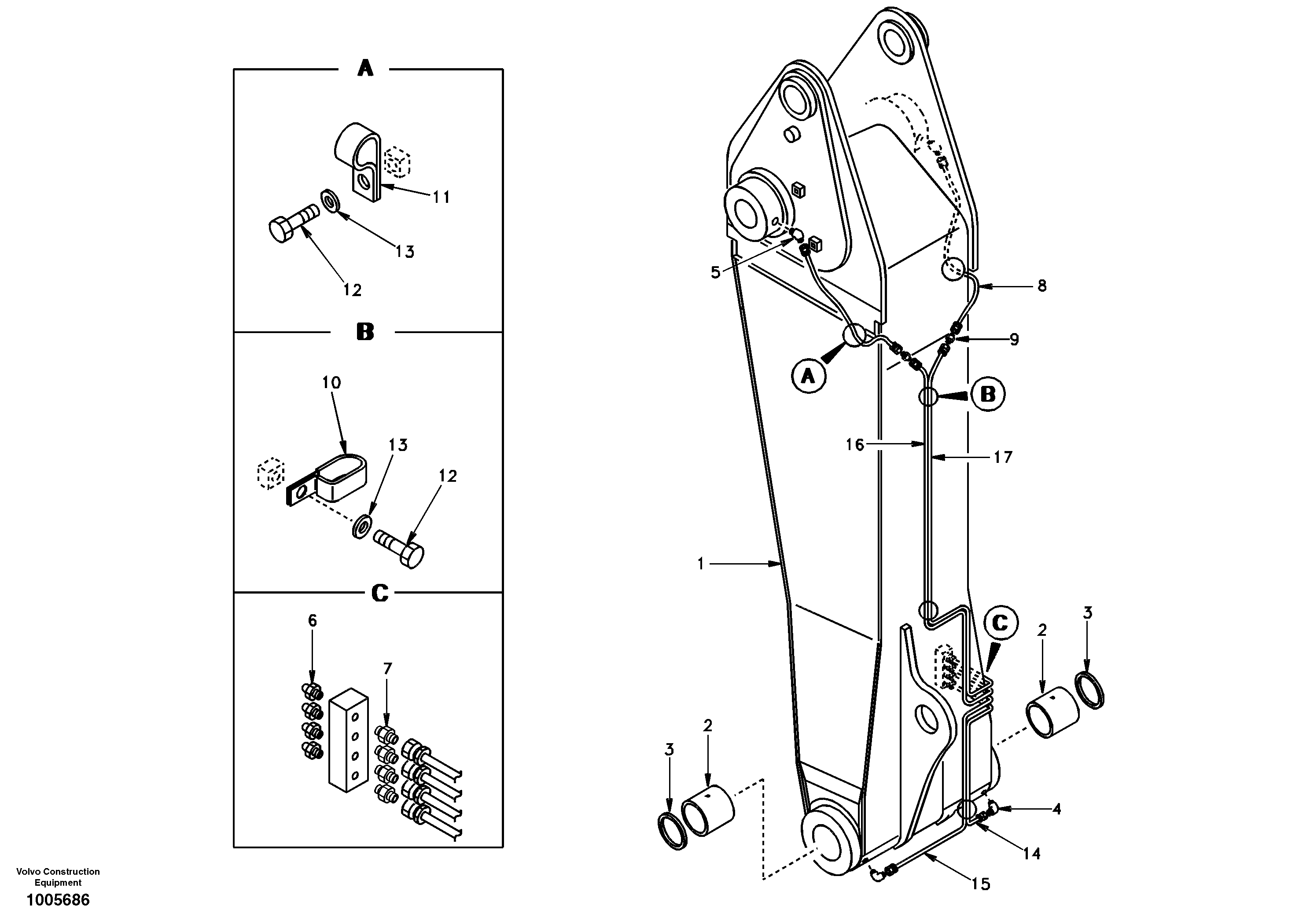 Boom and grease piping, adjustable 1st — volvo parts diagram
