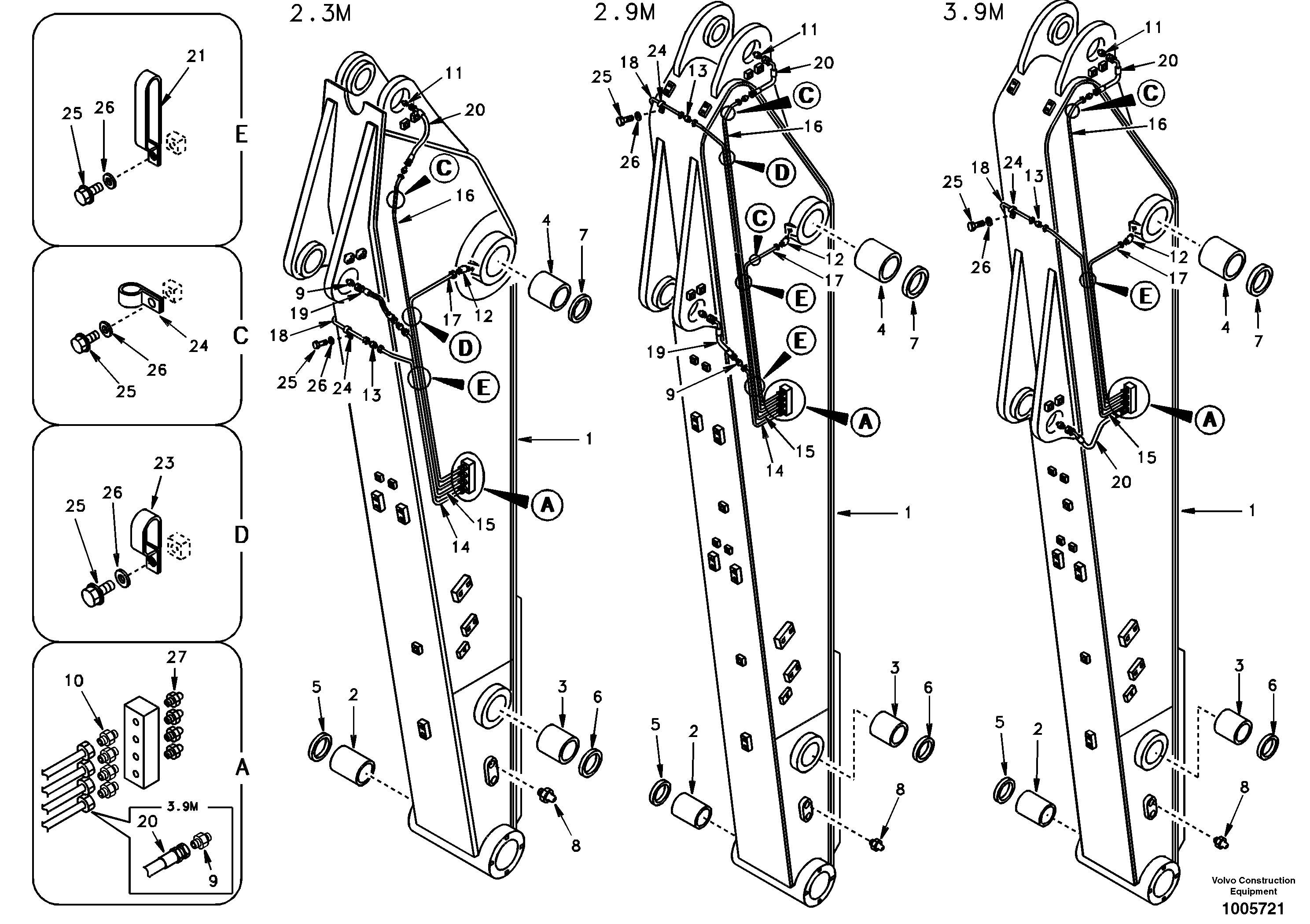 Dipper arm and grease piping with piping seat — volvo parts diagram