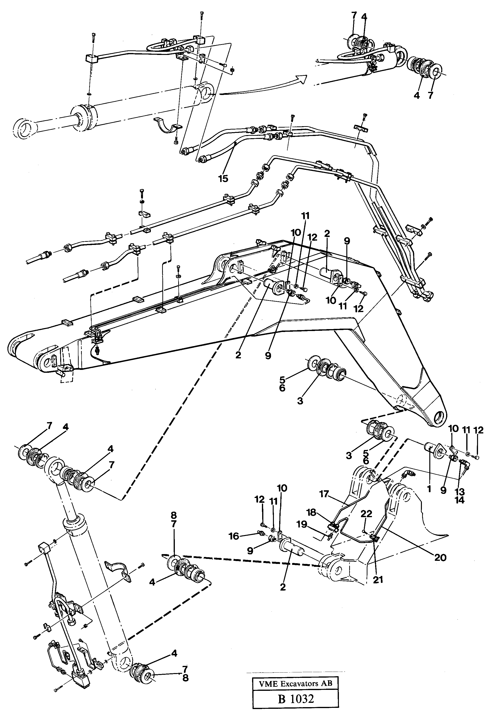 Backhoe boom, connections and lubrication lines — volvo parts diagram