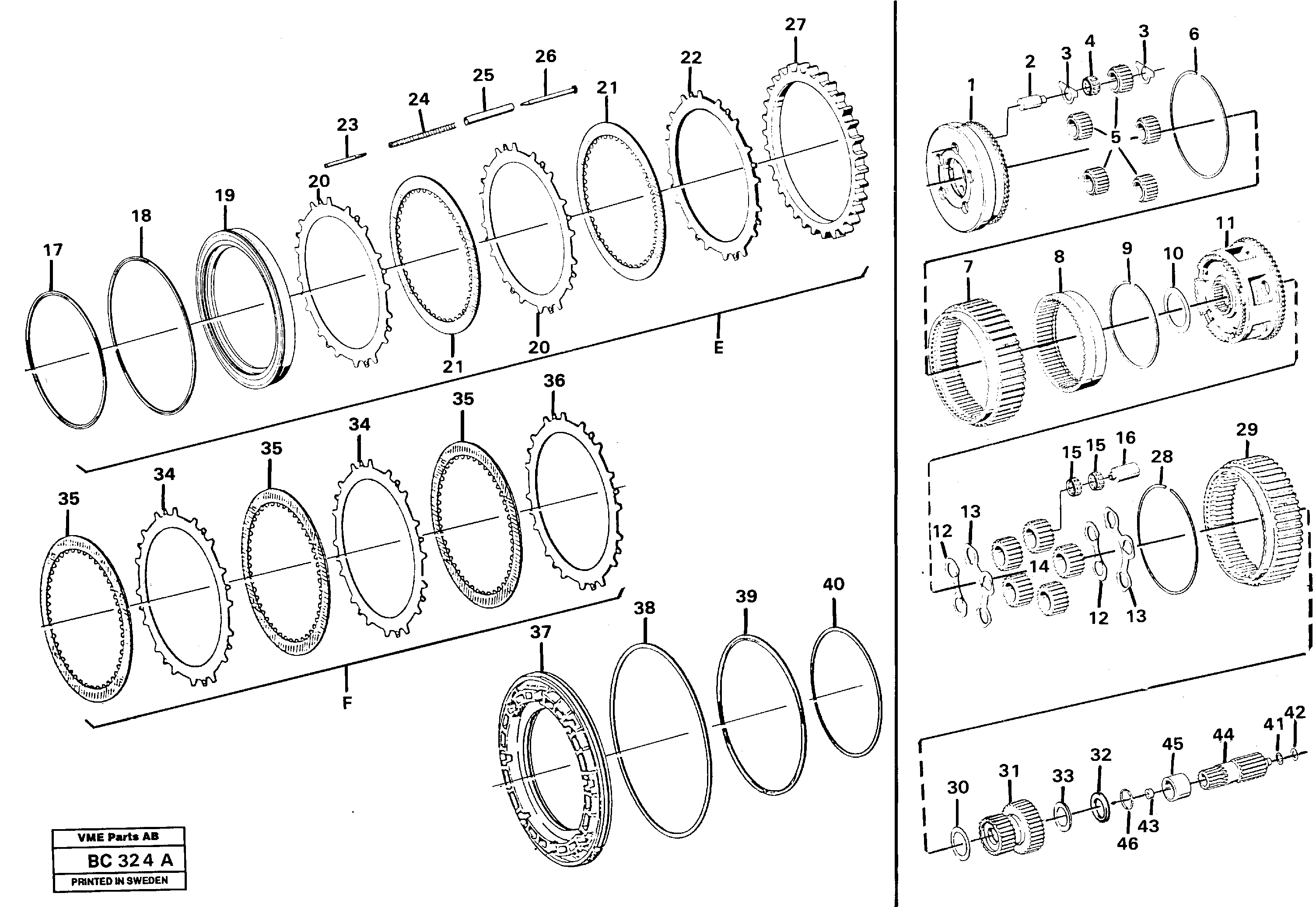 Clutches and brakes E, F — volvo parts diagram