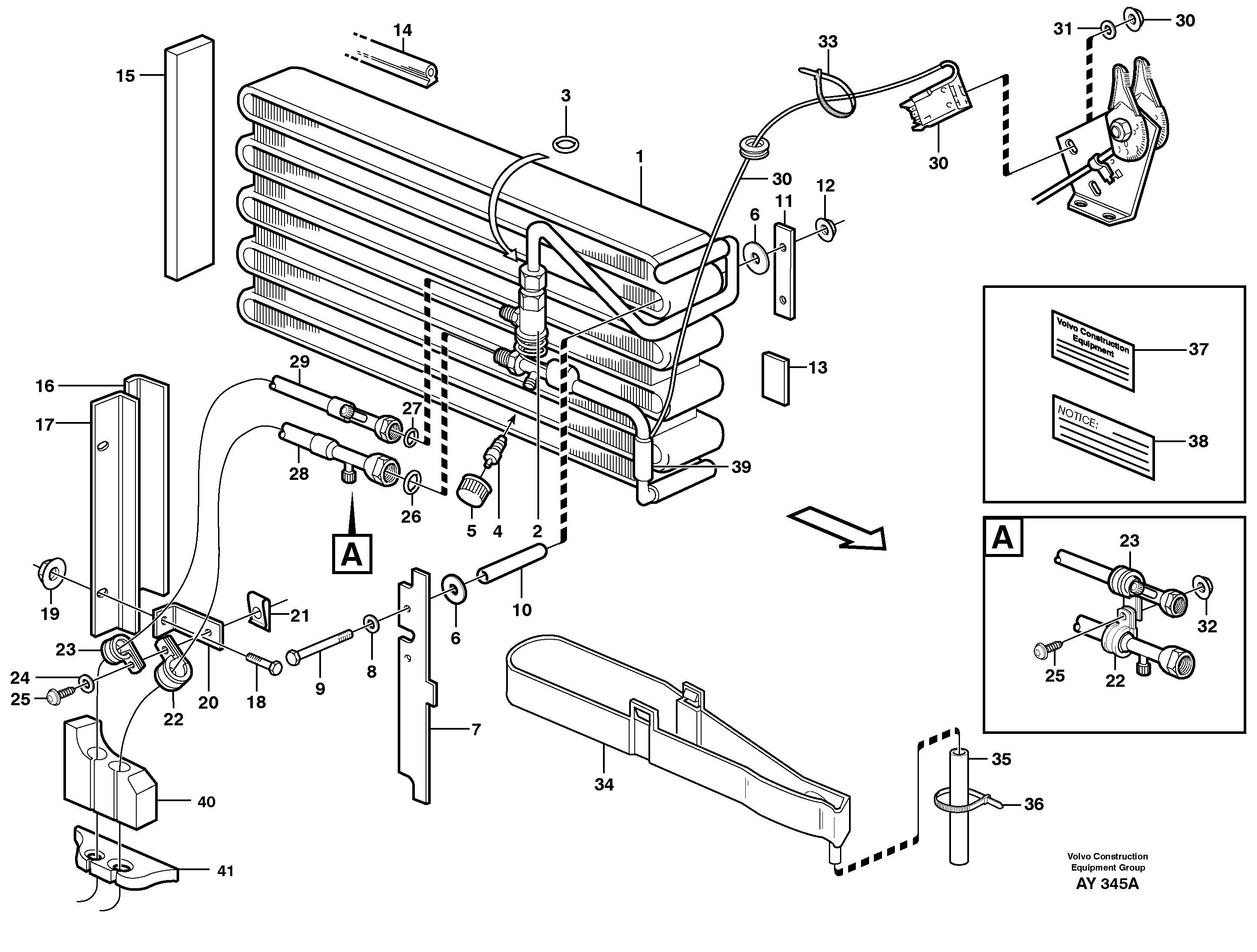 Evaporator for cooling agent R134a with fitting parts.  93584 — volvo parts diagram