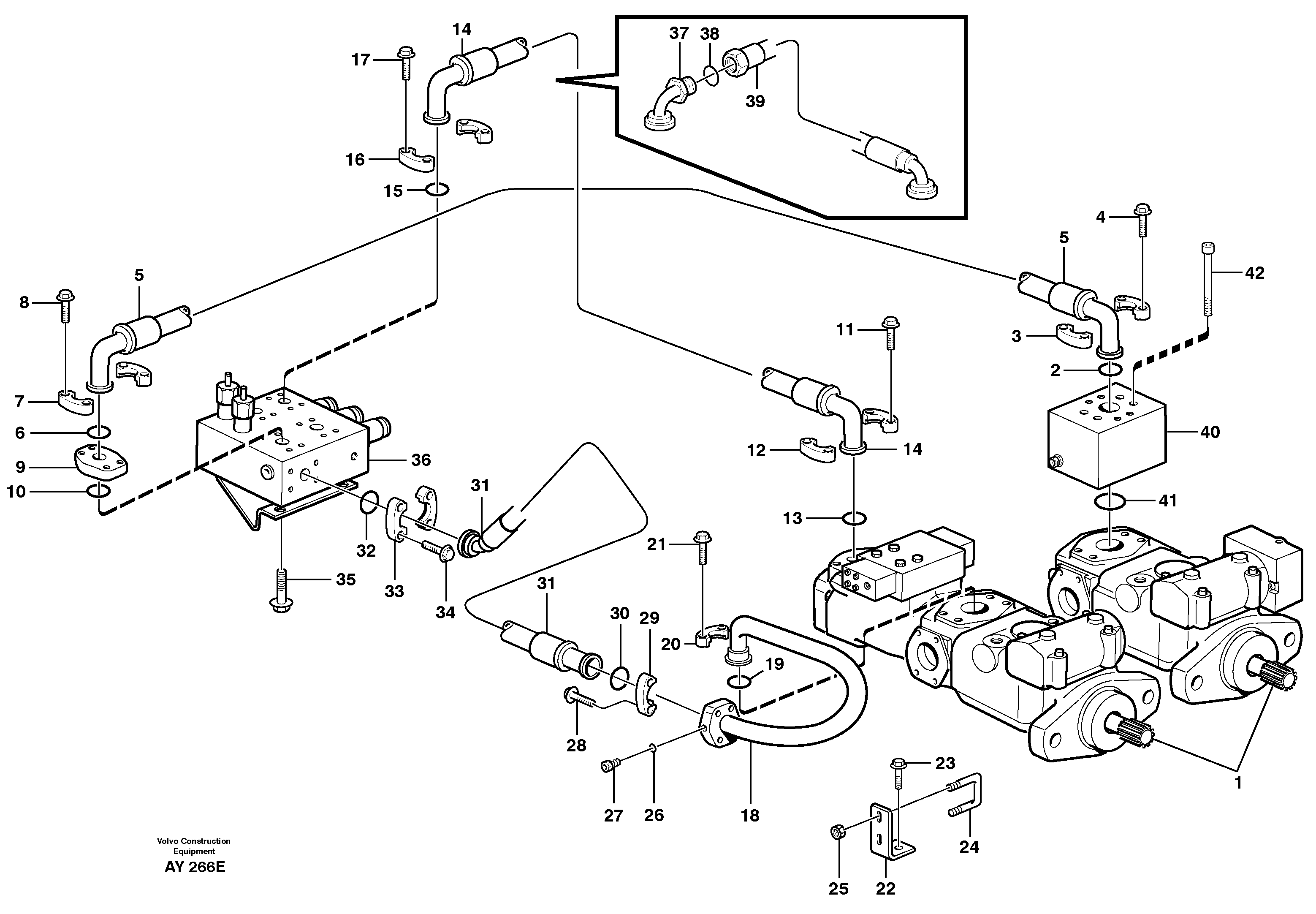 Hydraulic system, feed line from pumps to valve body — volvo parts diagram