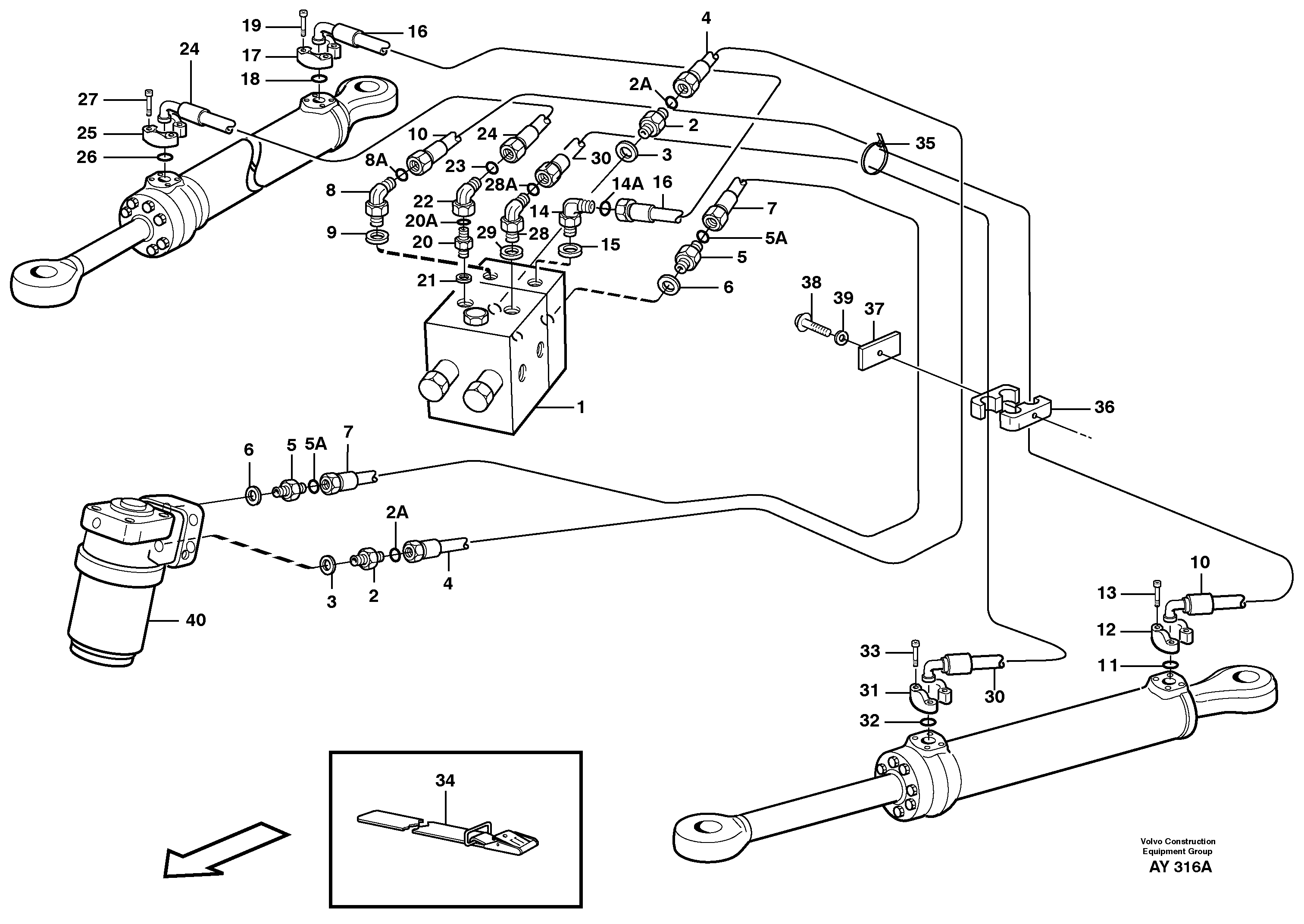 Steering system: hoses, shift valve - steering cylinder.  SER NO - 1625 — volvo parts diagram