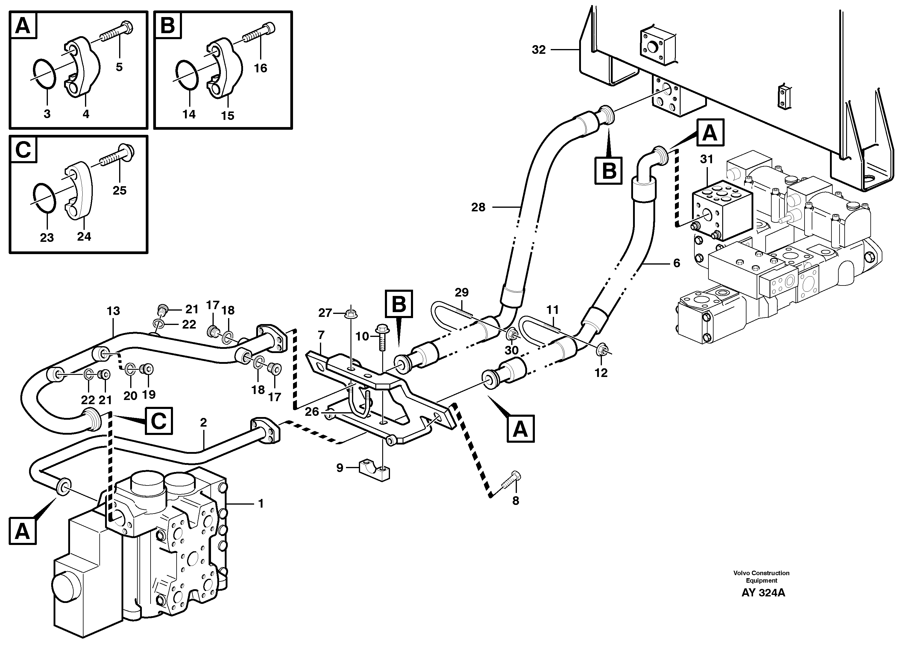 Hydraulic system, feed and return lines — volvo parts diagram