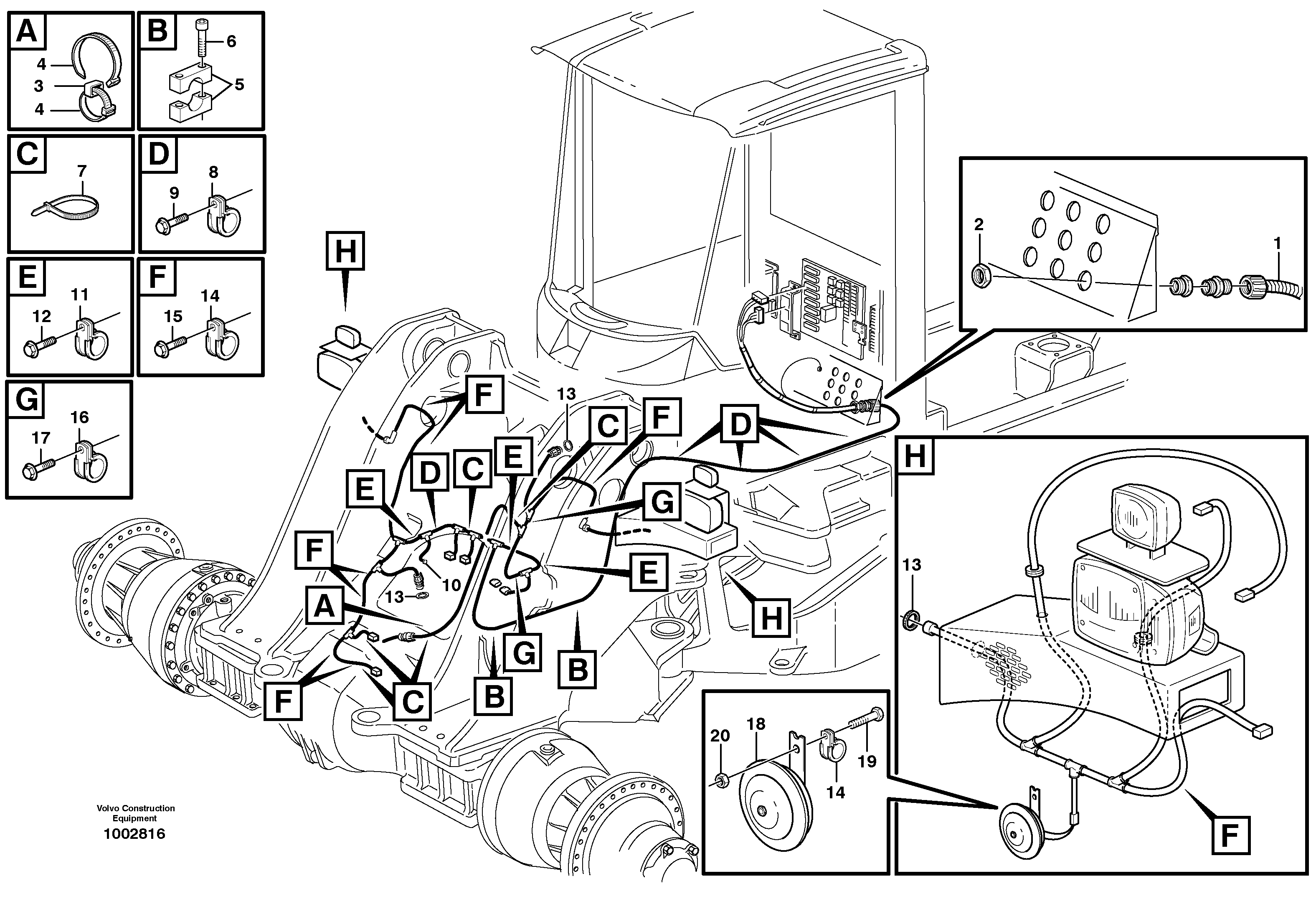 Front cable harness with assembly parts  STD, OPEN ROPS — volvo parts diagram