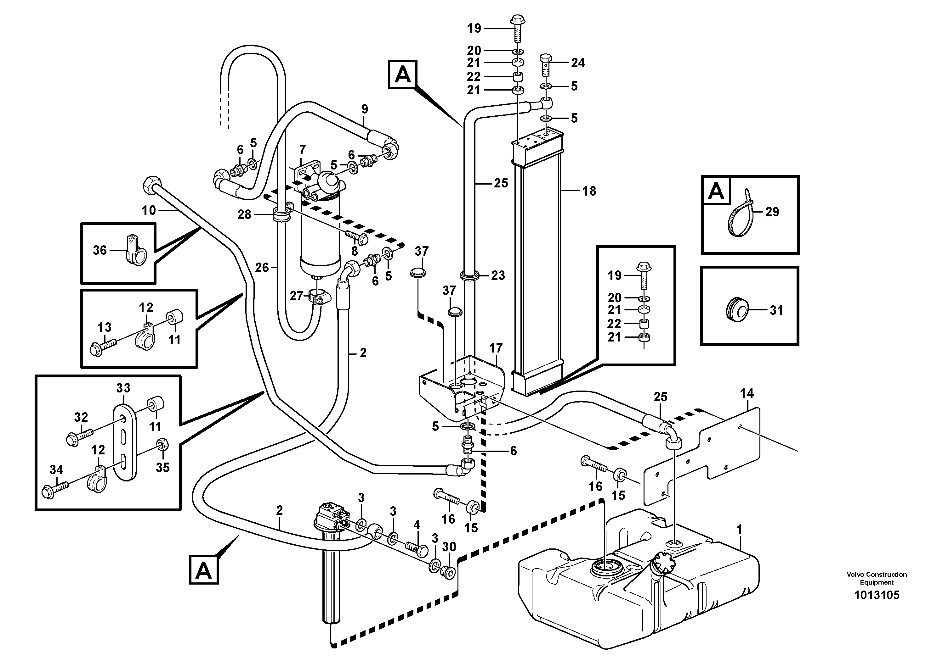 Fuel pipes, fuel tank - injection pump  STD, OPEN ROPS — volvo parts diagram