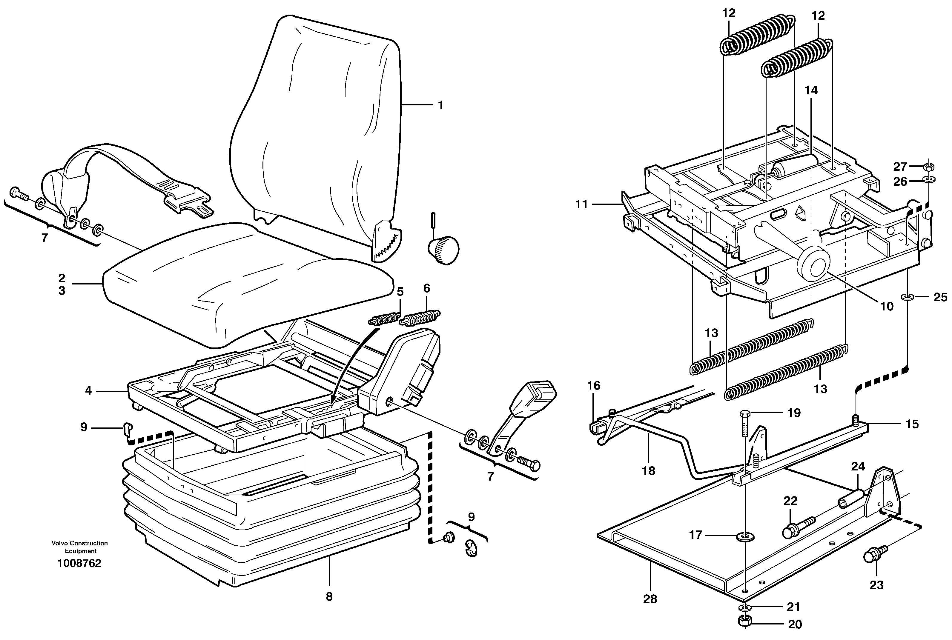 Operator seat with fitting parts  OPEN ROPS — volvo parts diagram