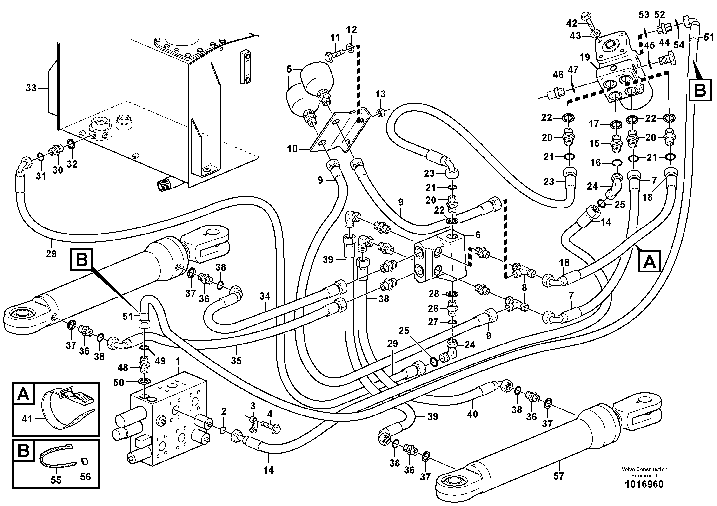 Steering system, pressure and return lines  S/N 21558 - SWE, 60395 - USA, 71052 - BRA — volvo parts diagram