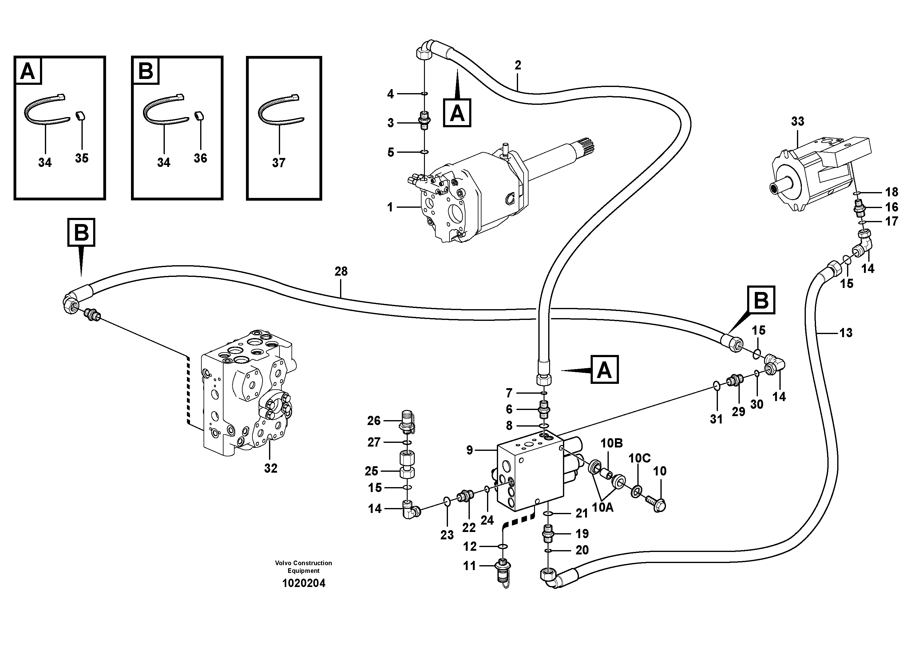 Feed line, pump - central block  STD, OPEN ROPS — volvo parts diagram