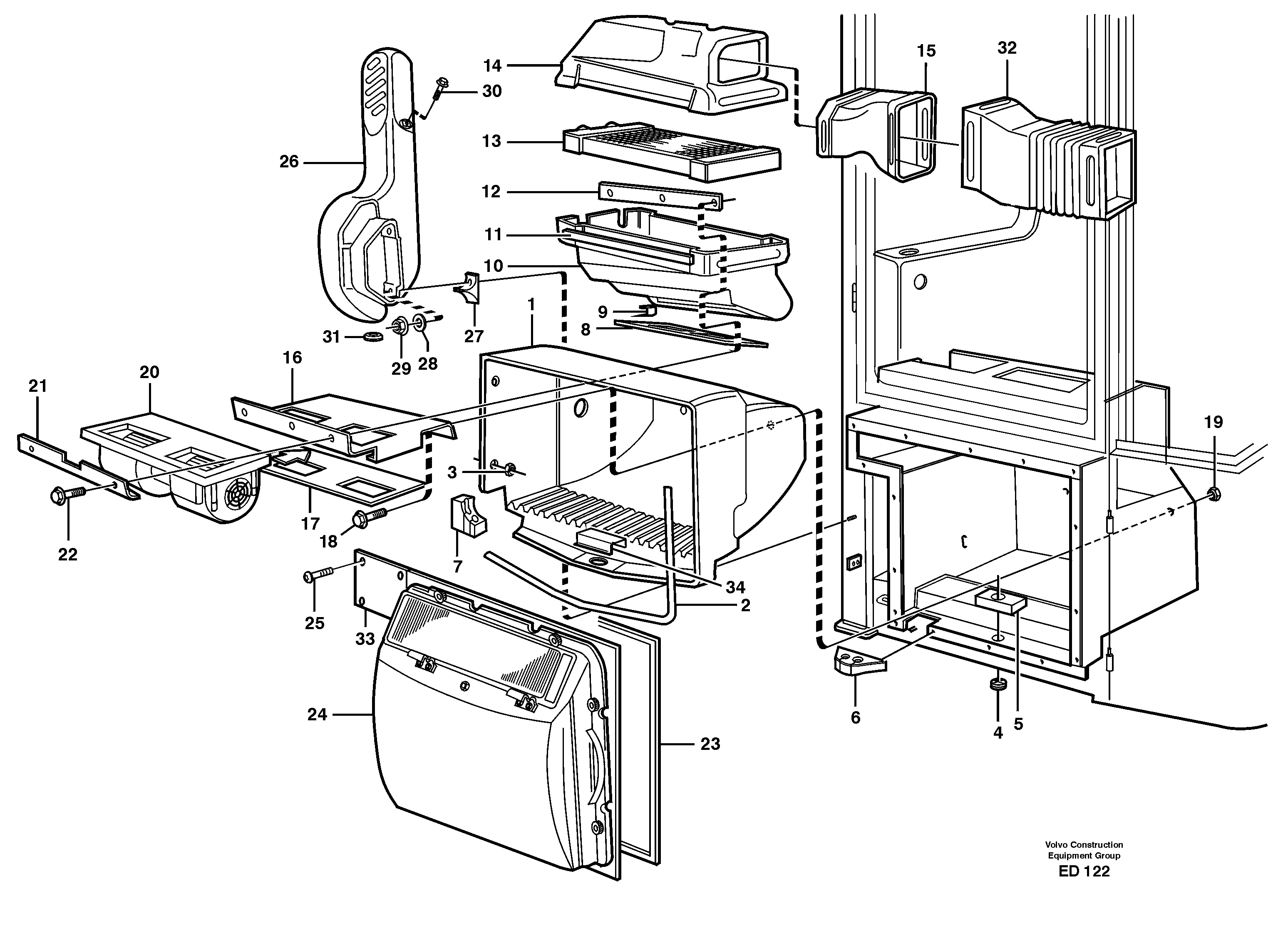 Fresh air inlet, air filter and fan housing. — volvo parts diagram