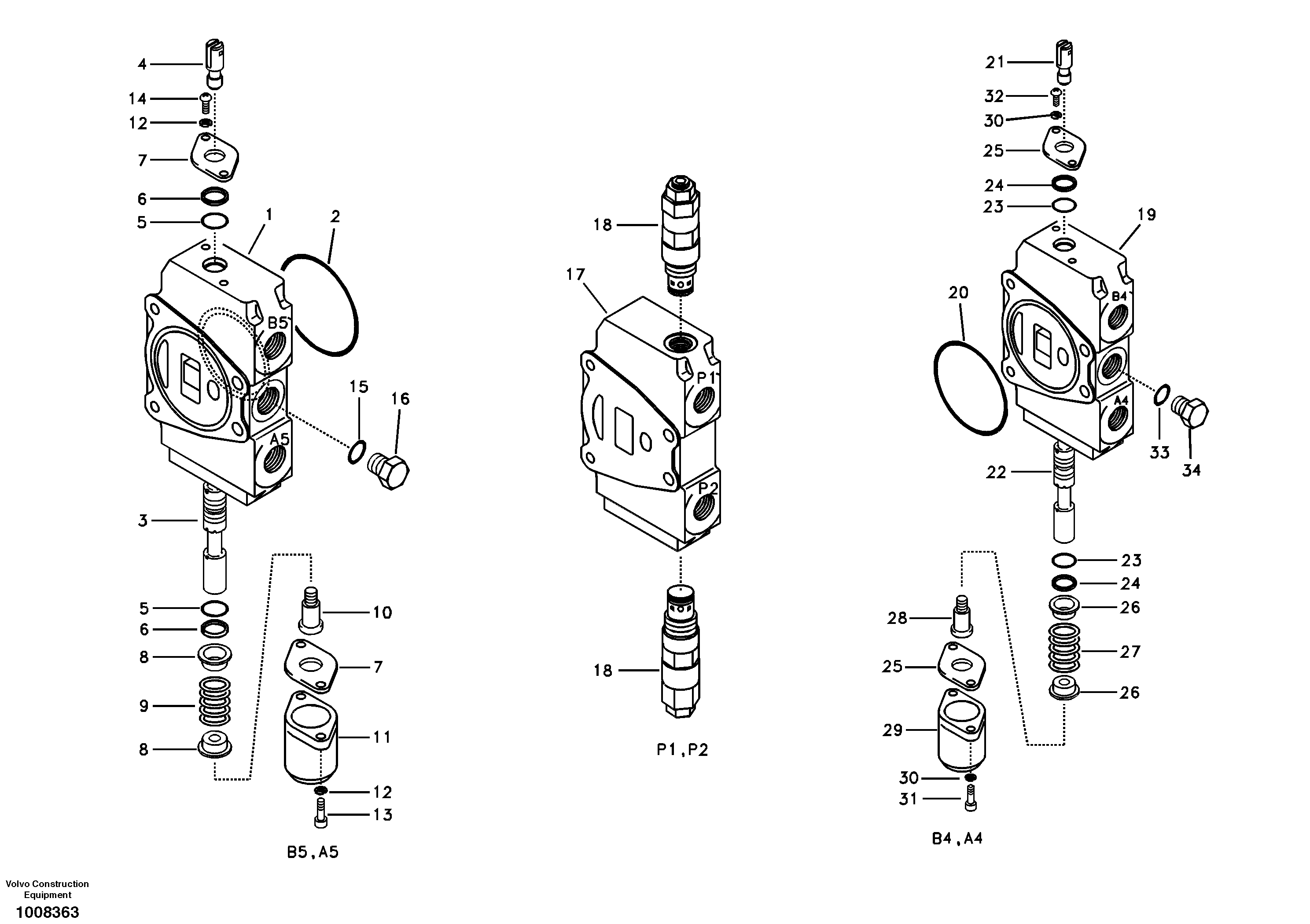 Main control valve, travel Lh and mid inlet and travel Rh  FOR CHINA — volvo parts diagram