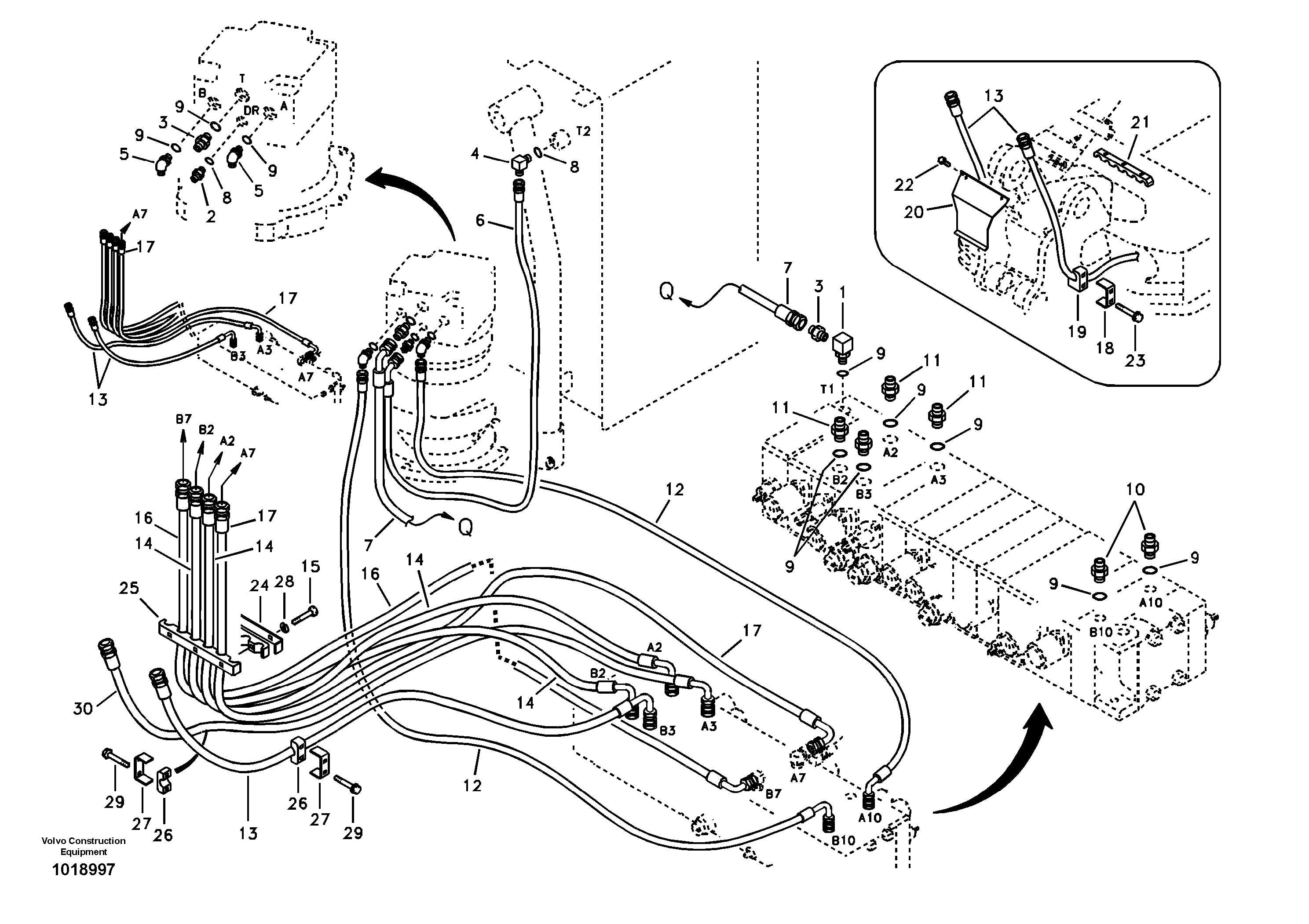 Hydraulic system, control valve to boom and swing — volvo parts diagram