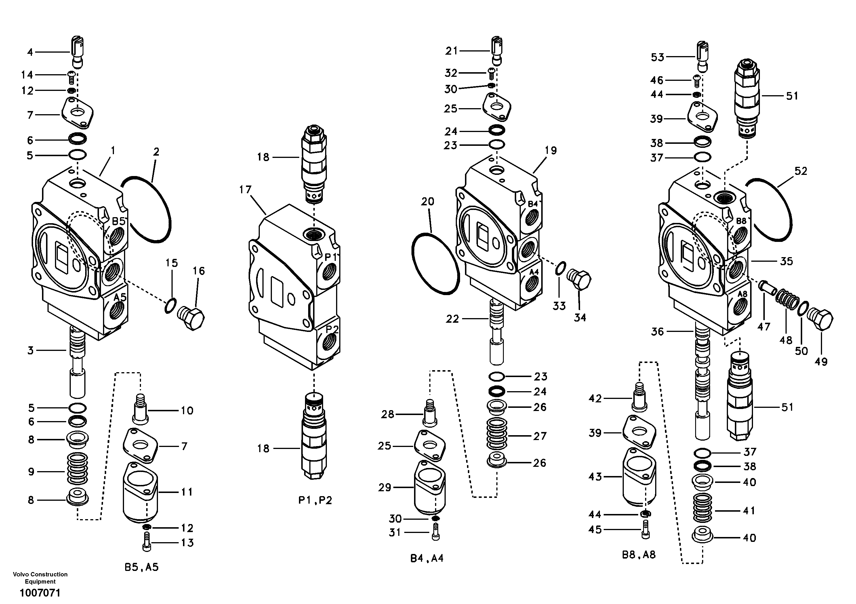 Main control valve, travel Lh and mid inlet and travel Rh — volvo parts diagram