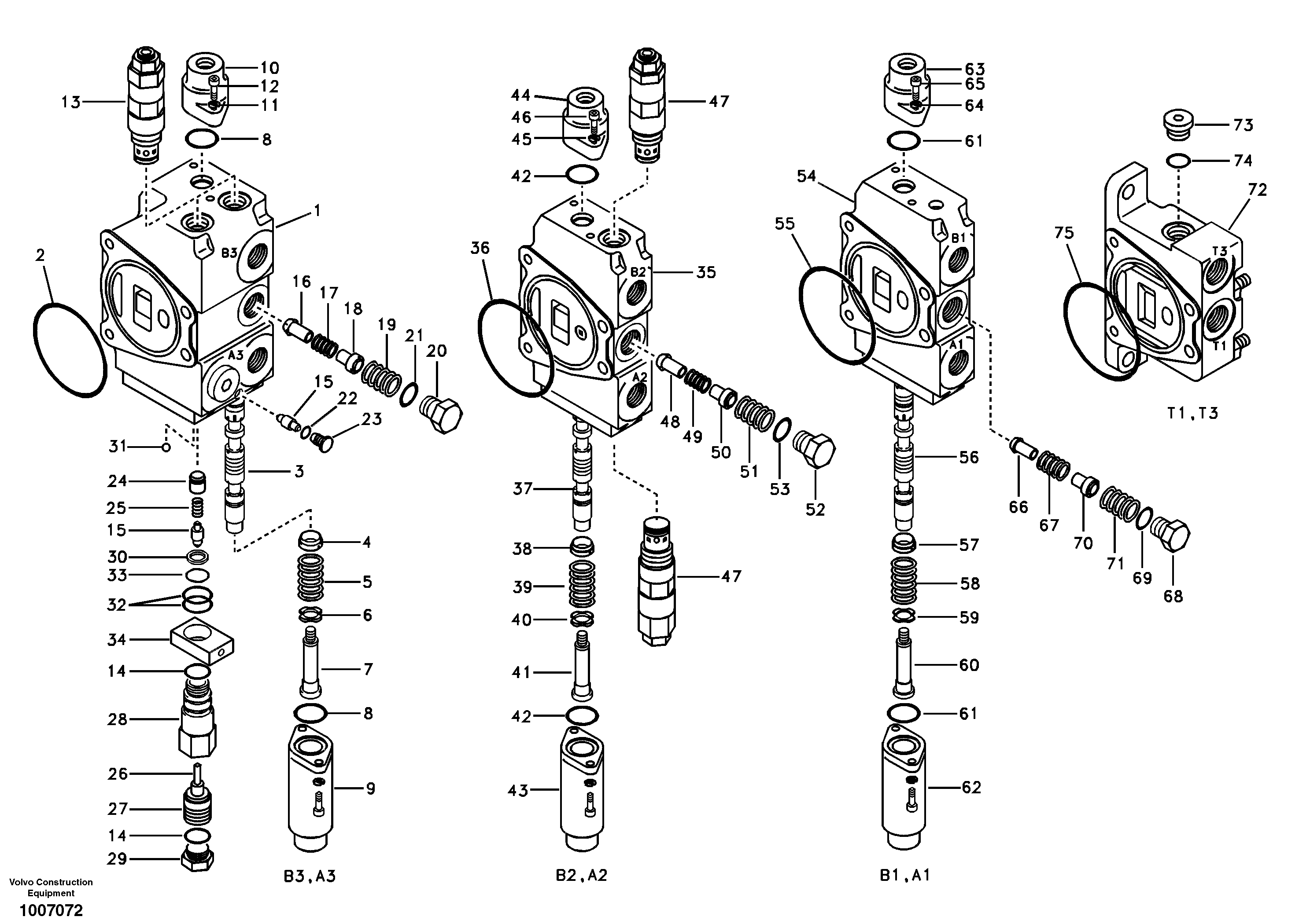 Main control valve, boom 1 and bucket and dipper arm 2 and outlet. — volvo parts diagram