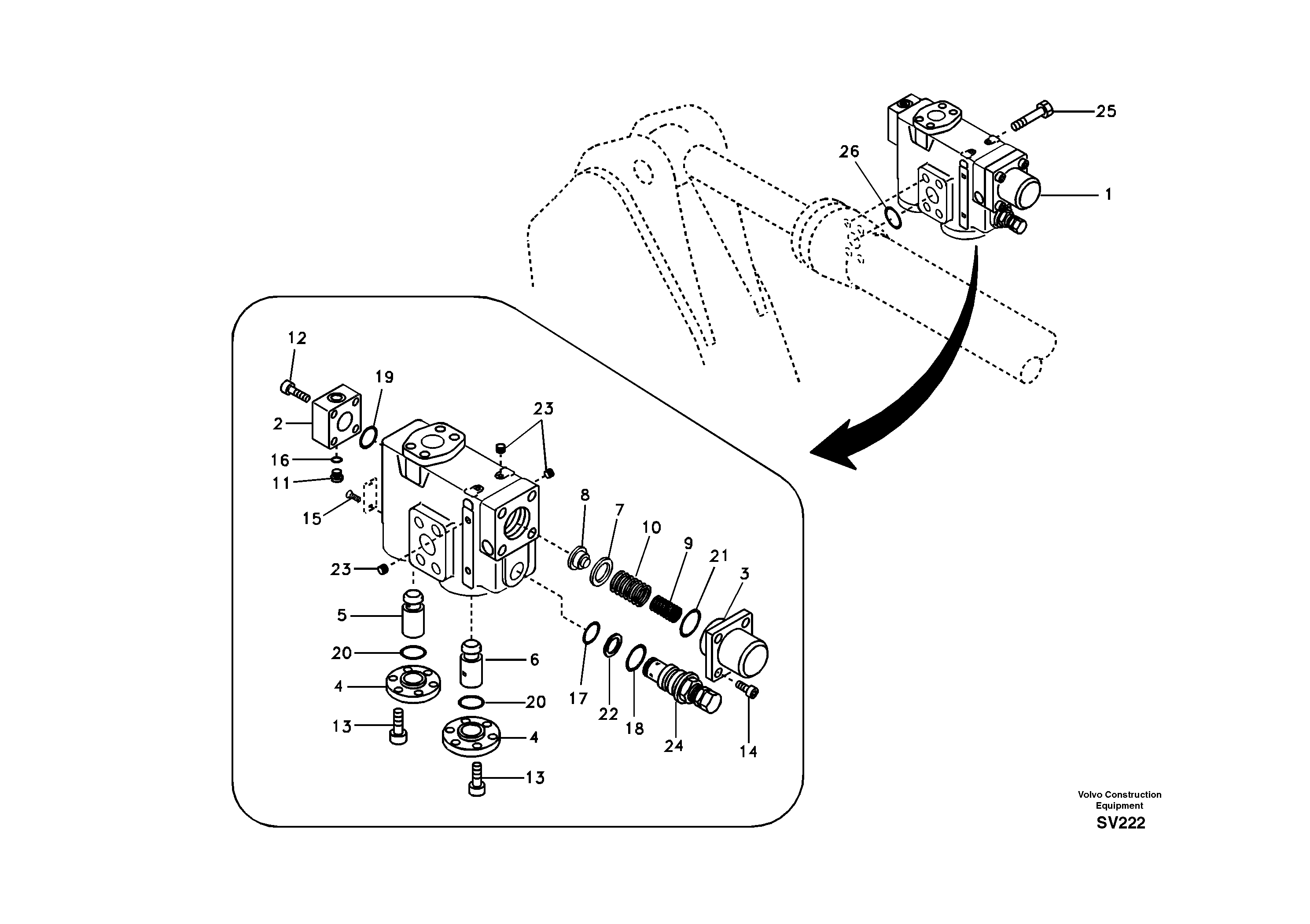 Working hydraulic, dipper arm rupture valve mount. — volvo parts diagram