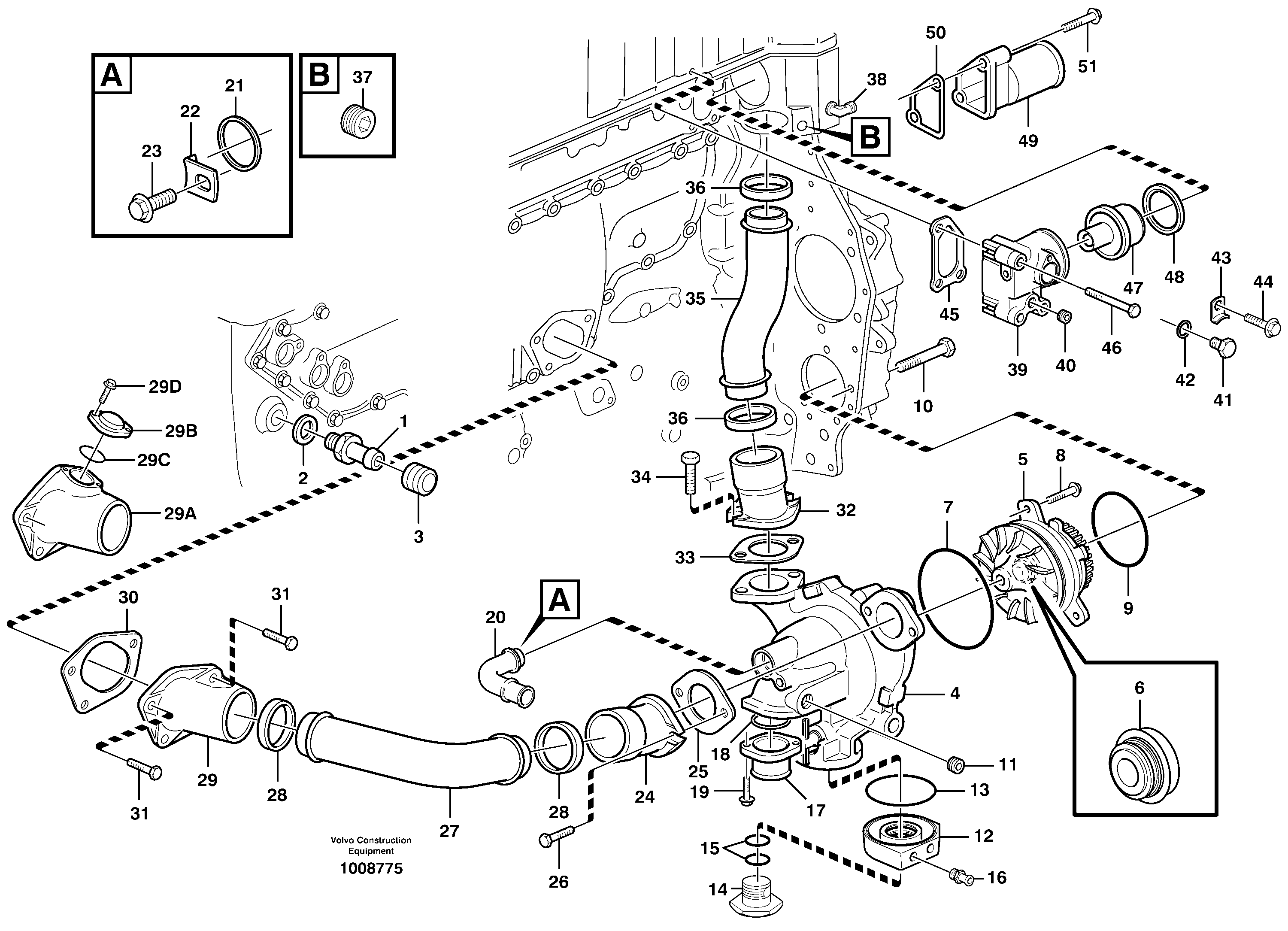 Water pump and thermostat housing — volvo parts diagram