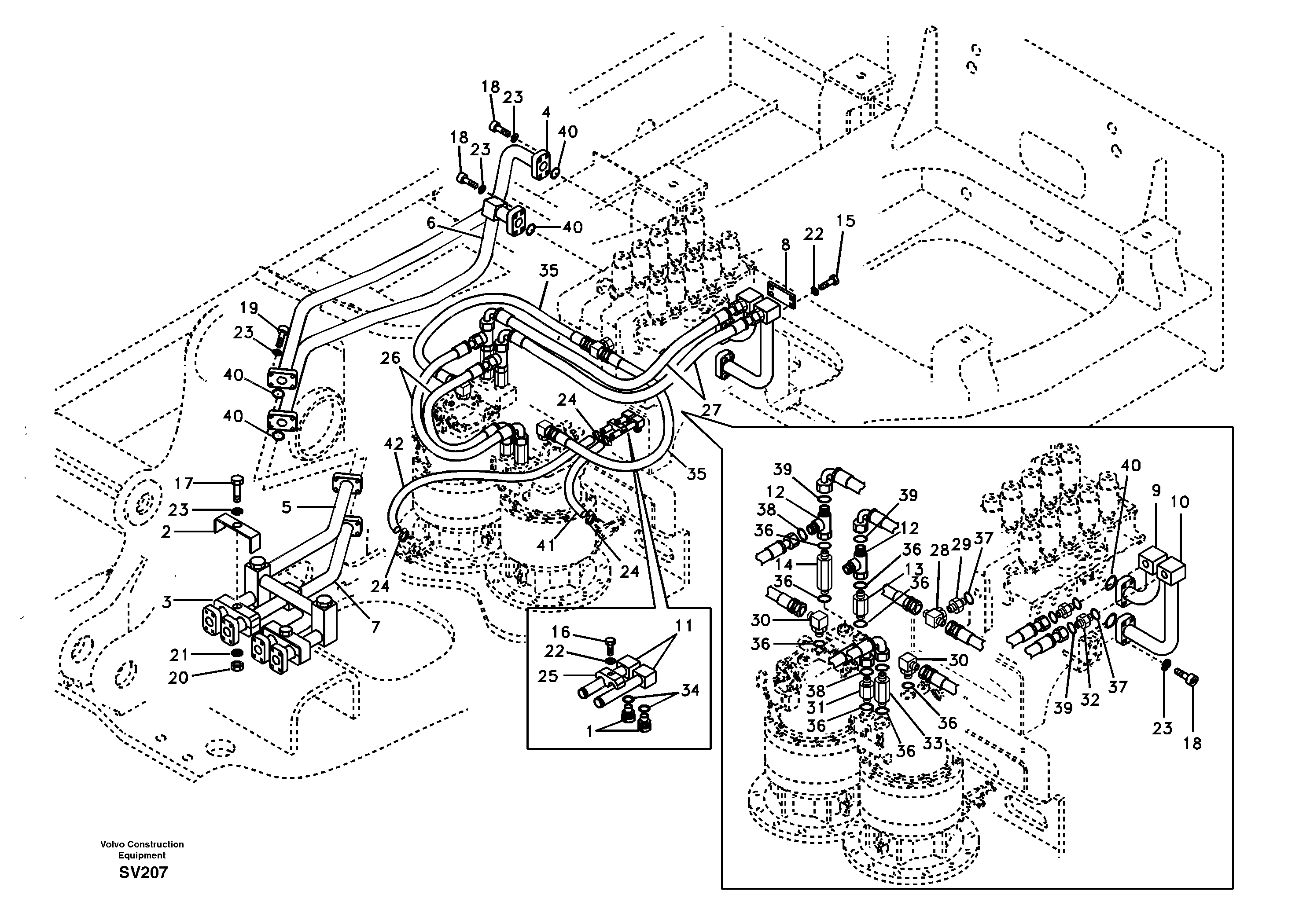 Hydraulic system, control valve to boom and swing — volvo parts diagram