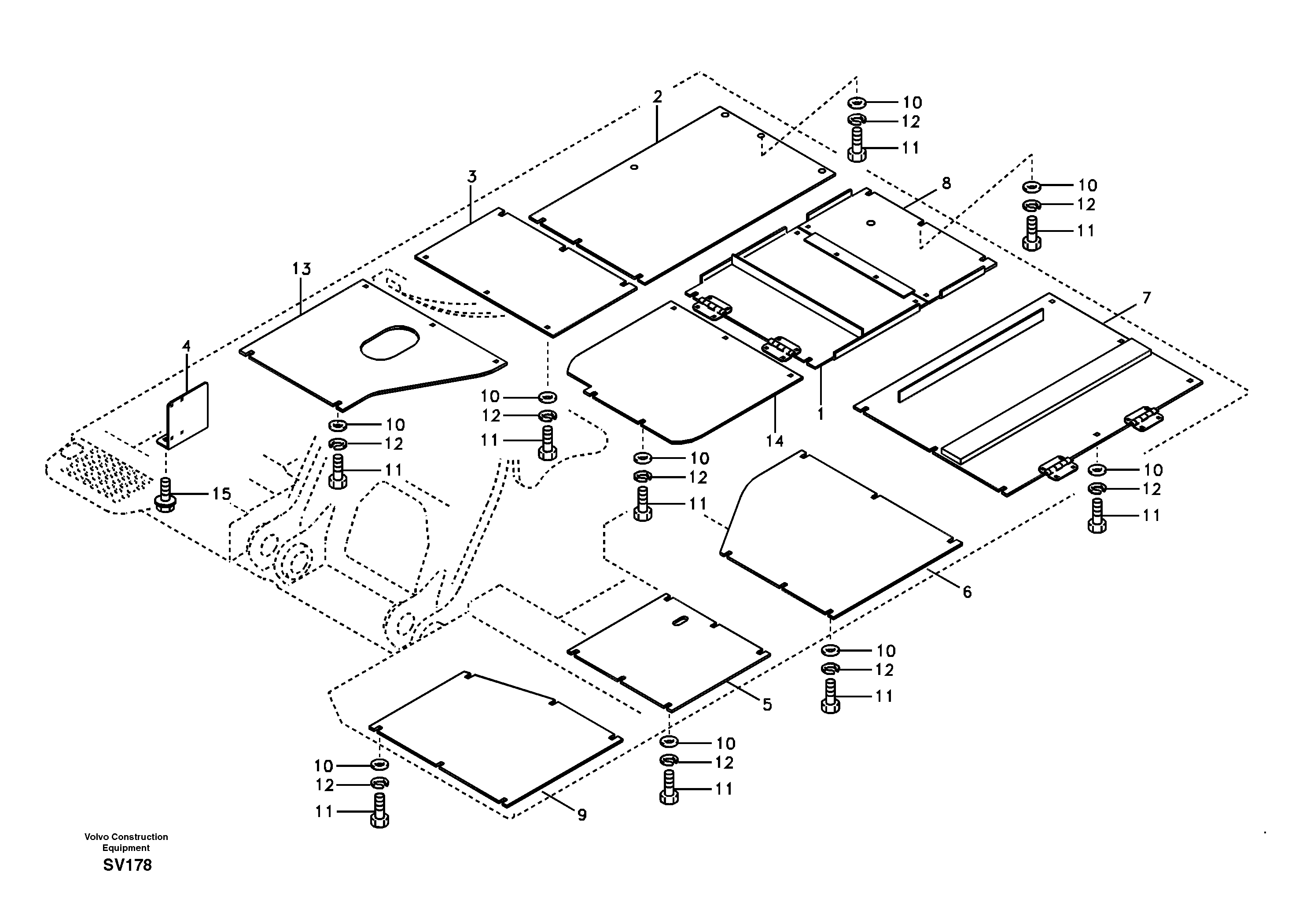 Hatches under engine, hydr.pumps, cooler, m.valve and fuel tank. — volvo parts diagram