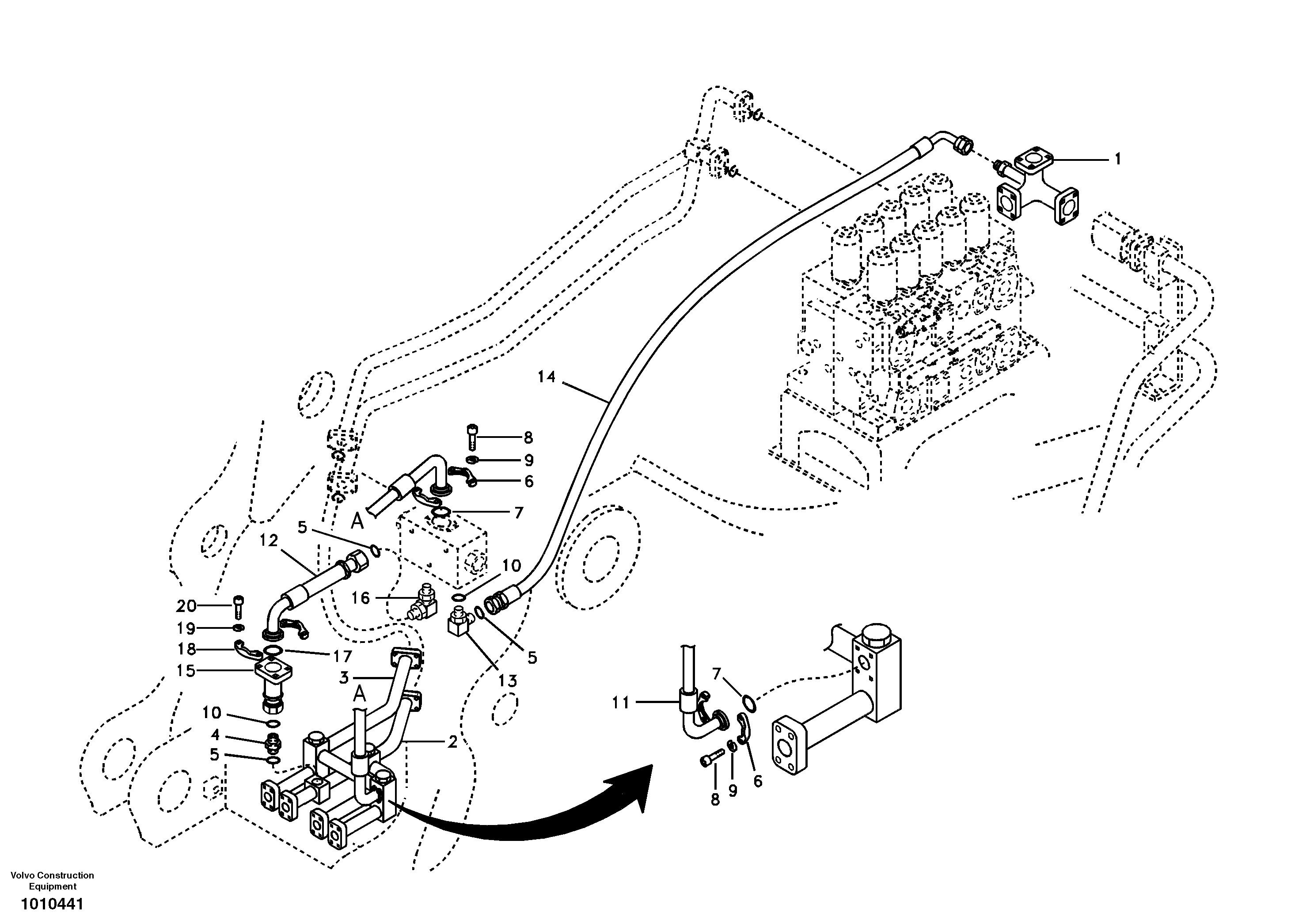 Hydraulic system, control valve to boom and swing — volvo parts diagram